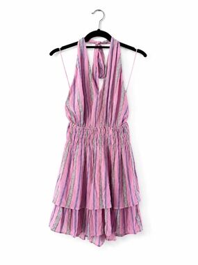 Day + Moon Pink Striped Halter Tiered Mini Dress Open Back – Size Small